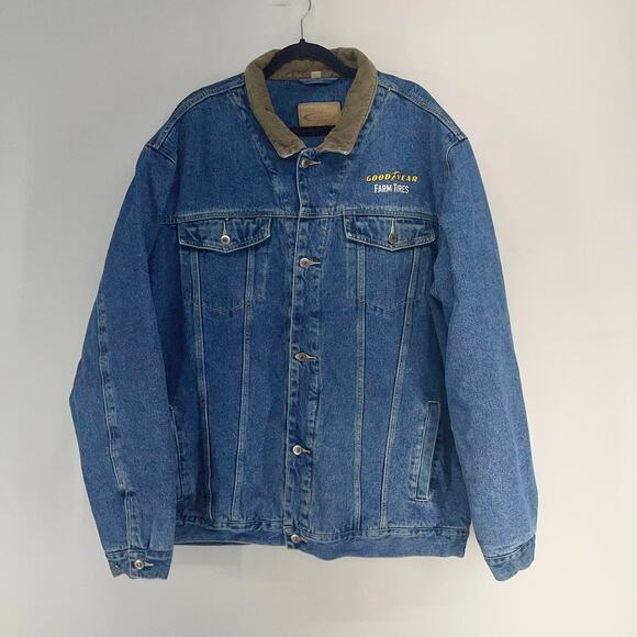 VTG Swingster Flannel‎ Lined Denim Trucker Jacket Mens 2XLT GoodYear Farm Tires - Picture 1 of 8